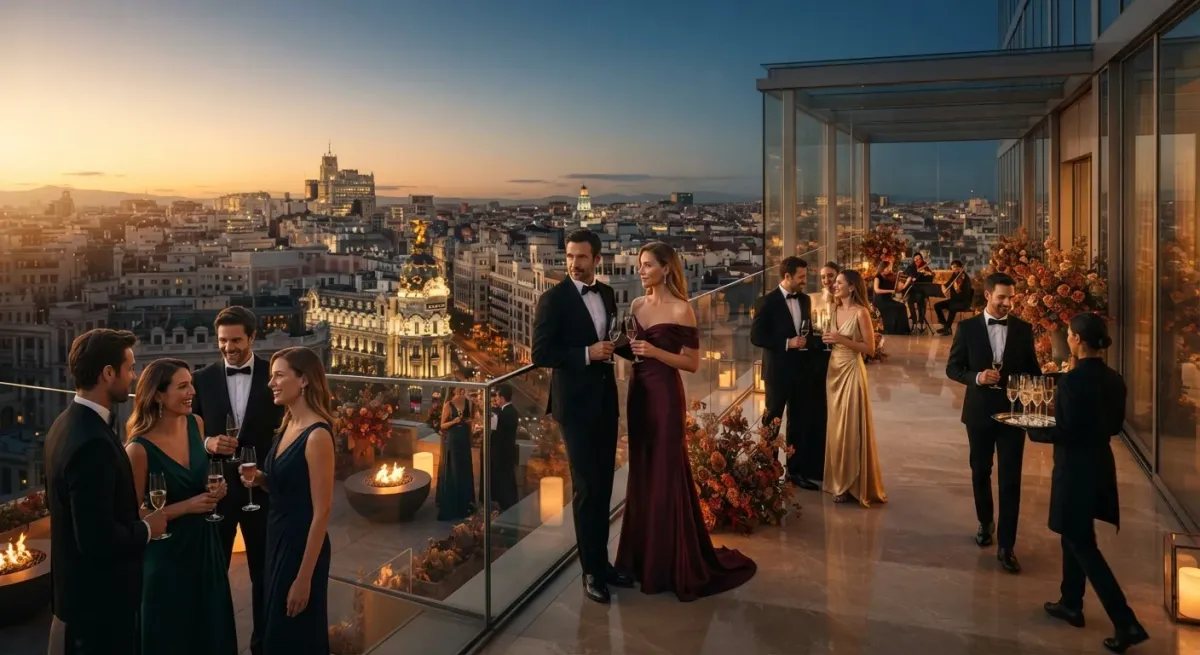 Gala exclusiva y evento VIP en una terraza de lujo en Madrid, reflejando la agenda social y la alta sociedad.