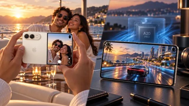 iPhone Duo usando la pantalla exterior para fotografías y ejecutando juegos con el chip A20 Pro