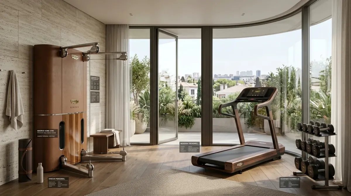 Gimnasio privado de diseño exclusivo en una residencia de lujo en Madrid, mostrando equipos de alta gama y privacidad.