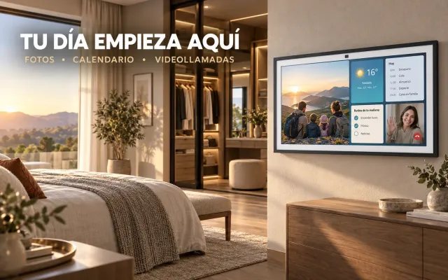 Echo Show 21 montado en el dormitorio mostrando fotos, calendario y videollamadas