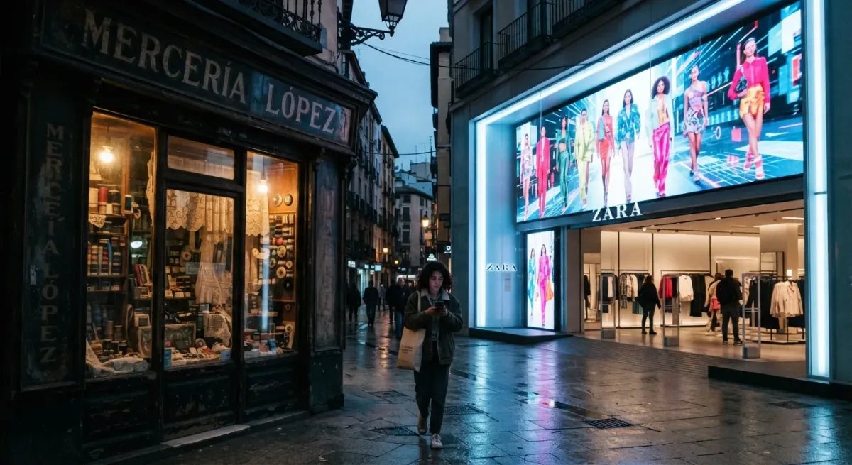 Comparativa visual entre el escaparate tradicional y oscuro de una mercería de barrio y el escaparate luminoso y digital de una gran cadena, ilustrando la polarización del gasto.