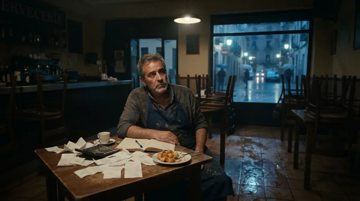 Recreación editorial de un autónomo haciendo cuentas en su bar después del cierre.
