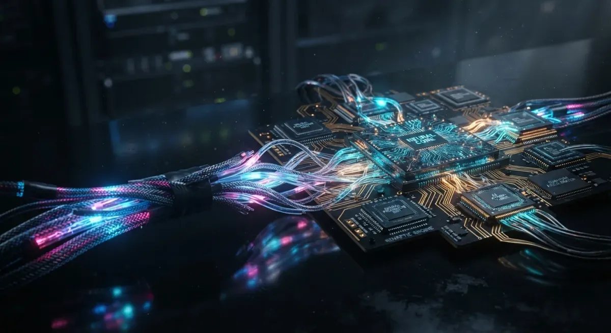 Fotografía conceptual que entrelaza la infraestructura tradicional de fibra óptica con los microprocesadores avanzados de inteligencia artificial.