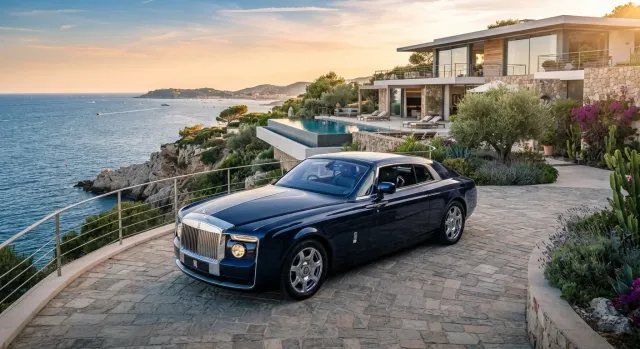 Vista lateral del exclusivo Rolls-Royce Sweptail aparcado frente a una villa moderna en la Costa Azul durante el atardecer.