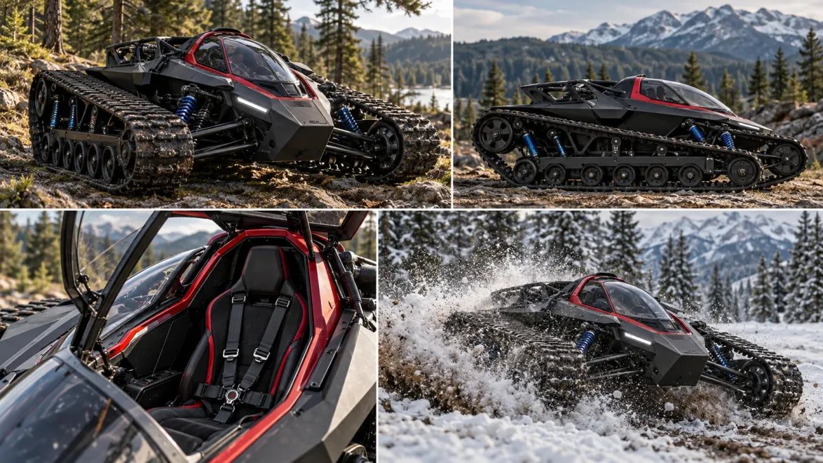 ollage del Ripsaw EV3-F1 monoplaza: vehículo de orugas negro y rojo en terreno rocoso y nevado, con detalle de su cabina y suspensión