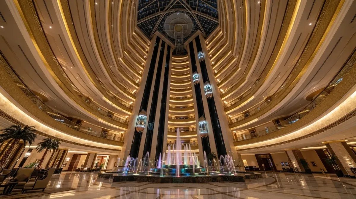 Vista interior del impresionante atrio central del Burj Al Arab y sus ascensores panorámicos.