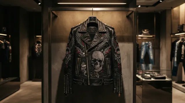 Cazadora de piel negra de Philipp Plein con tachuelas y detalles metálicos, la cúspide de la moda de lujo y rebeldía.