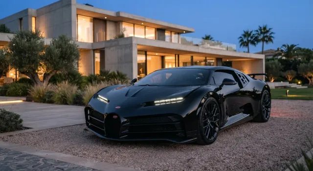 Fotografía frontal del Bugatti Centodieci en un entorno arquitectónico moderno, destacando su parrilla en forma de herradura y los faros LED ultradelgados.