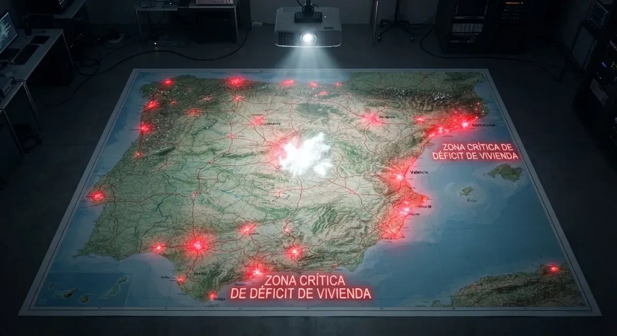 Mapa de España con puntos rojos parpadeando en las zonas críticas de déficit de vivienda y apenas puntos blancos en las zonas de VPO, ilustrando la ausencia de futuro habitacional.