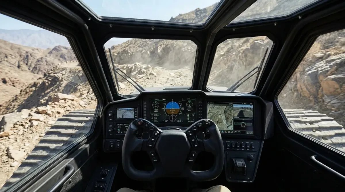 Vista desde el asiento del conductor en el interior del Ripsaw EV3-F1, mostrando el volante tipo yoke, el panel digital de alta tecnología y el parabrisas blindado con vistas a un camino de tierra.