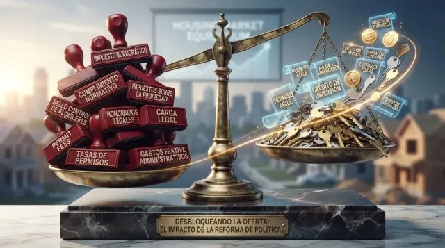 Metáfora visual en balanza sobre cómo los incentivos fiscales y la bajada de impuestos multiplican la oferta de alquiler.