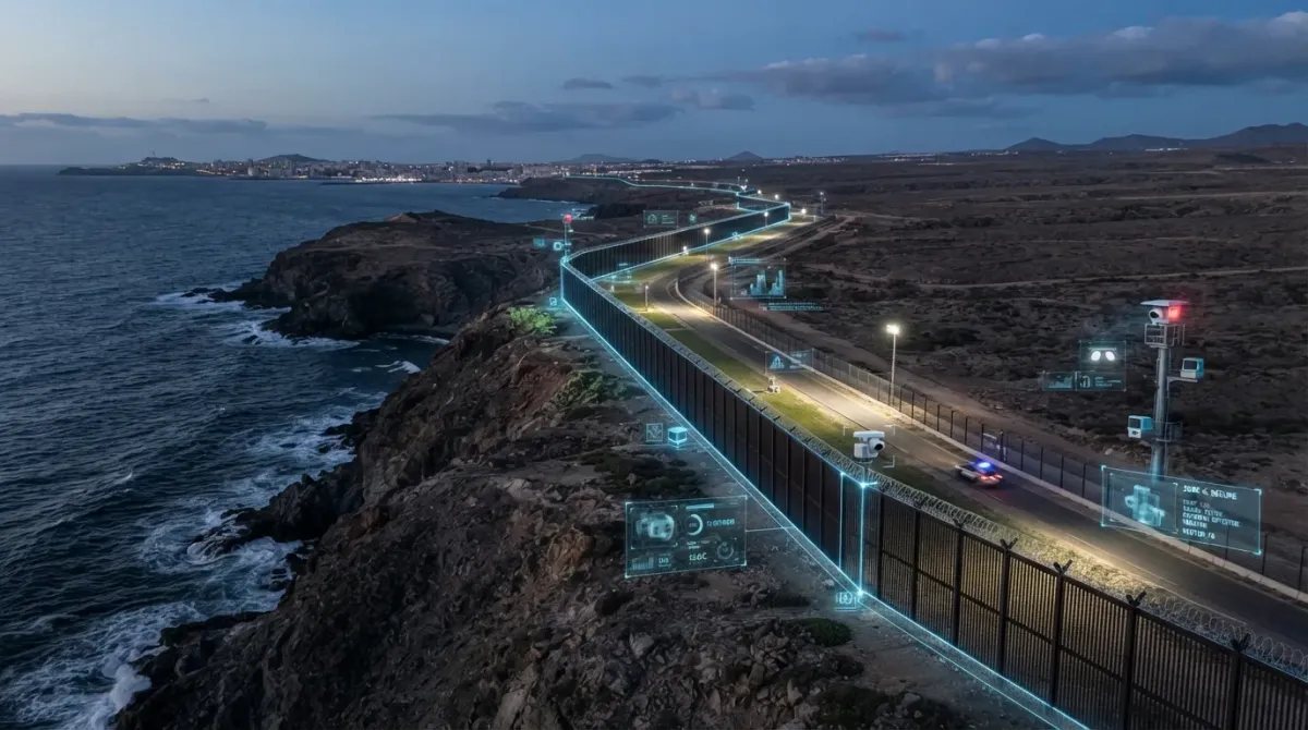 Vista aérea conceptual de la frontera de Ceuta con sistemas tecnológicos avanzados de control perimetral.