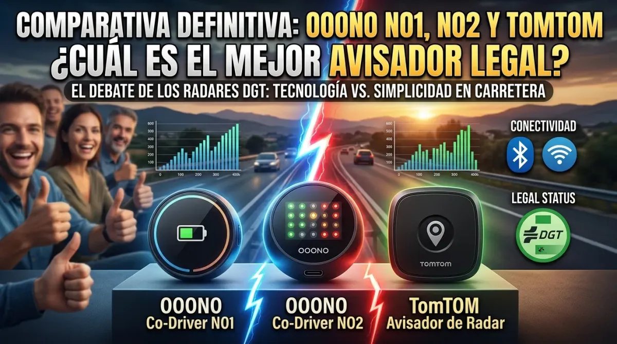 Portada de Lujos Millonarios para la comparativa de avisadores compactos legales OOONO NO1, NO2 y TomTom, con el debate de la DGT.