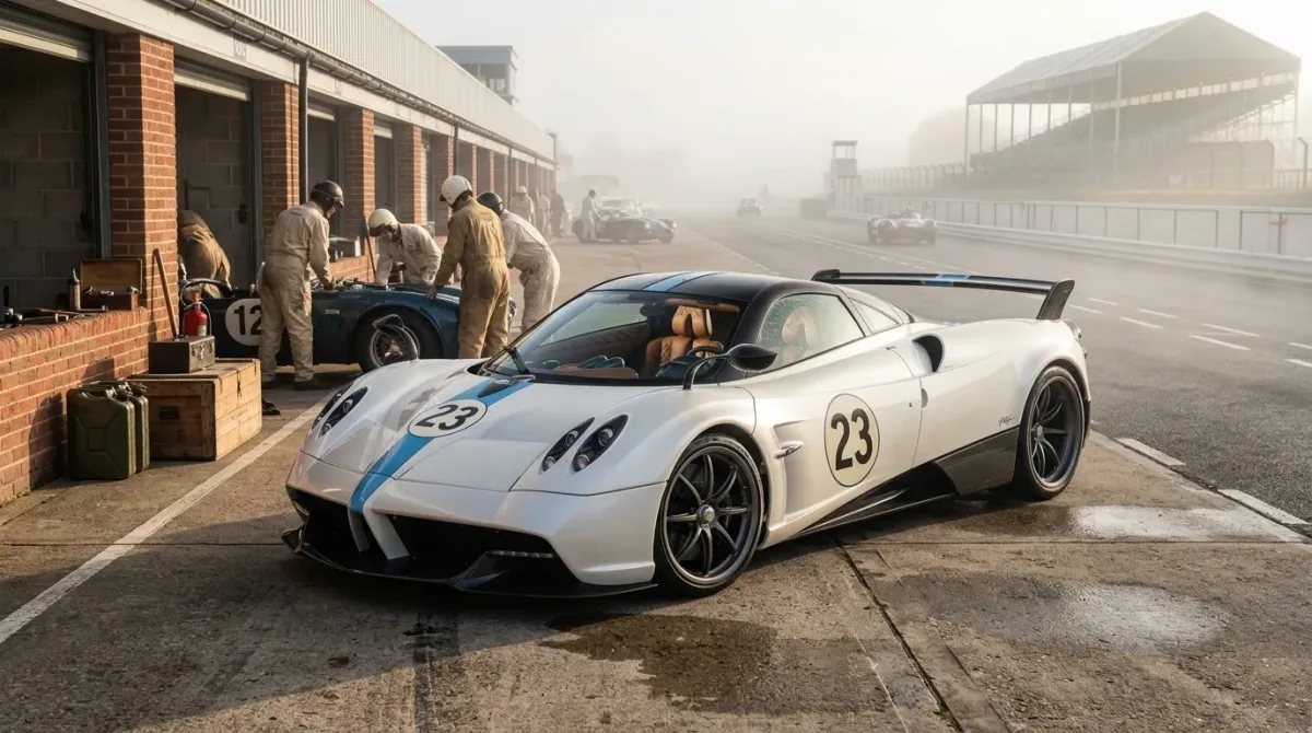 Pagani Huayra Codalunga blanco perla inspirado en los prototipos de Le Mans en el pit lane de un circuito clásico.