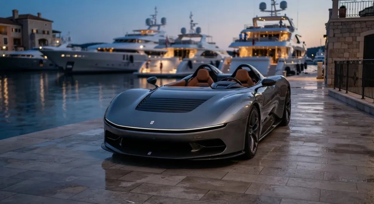 El Pininfarina B95 estacionado en el muelle de un puerto deportivo de lujo al anochecer.