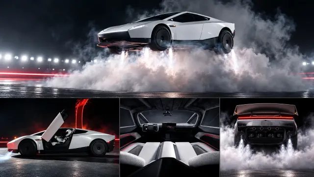 Collage del Tesla Roadster con vistas del exterior, el interior y la demostración de sus propulsores.