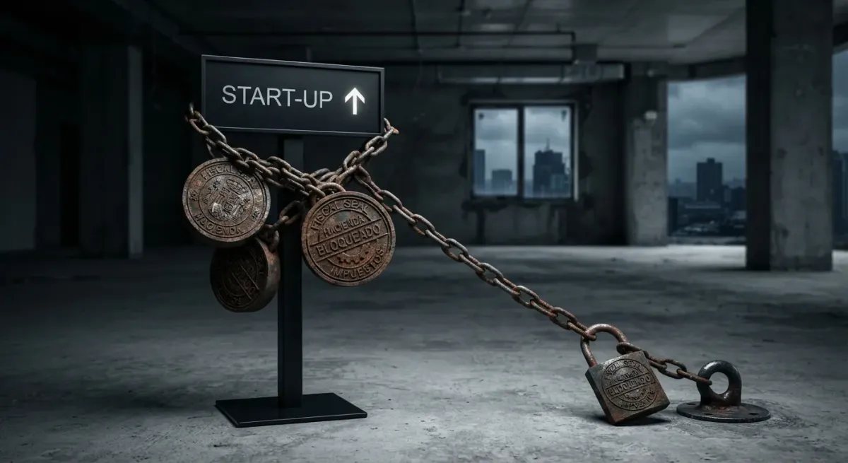 Imagen conceptual que simboliza cómo los costes y la burocracia fiscal actúan como un cerrojo para las nuevas iniciativas empresariales.