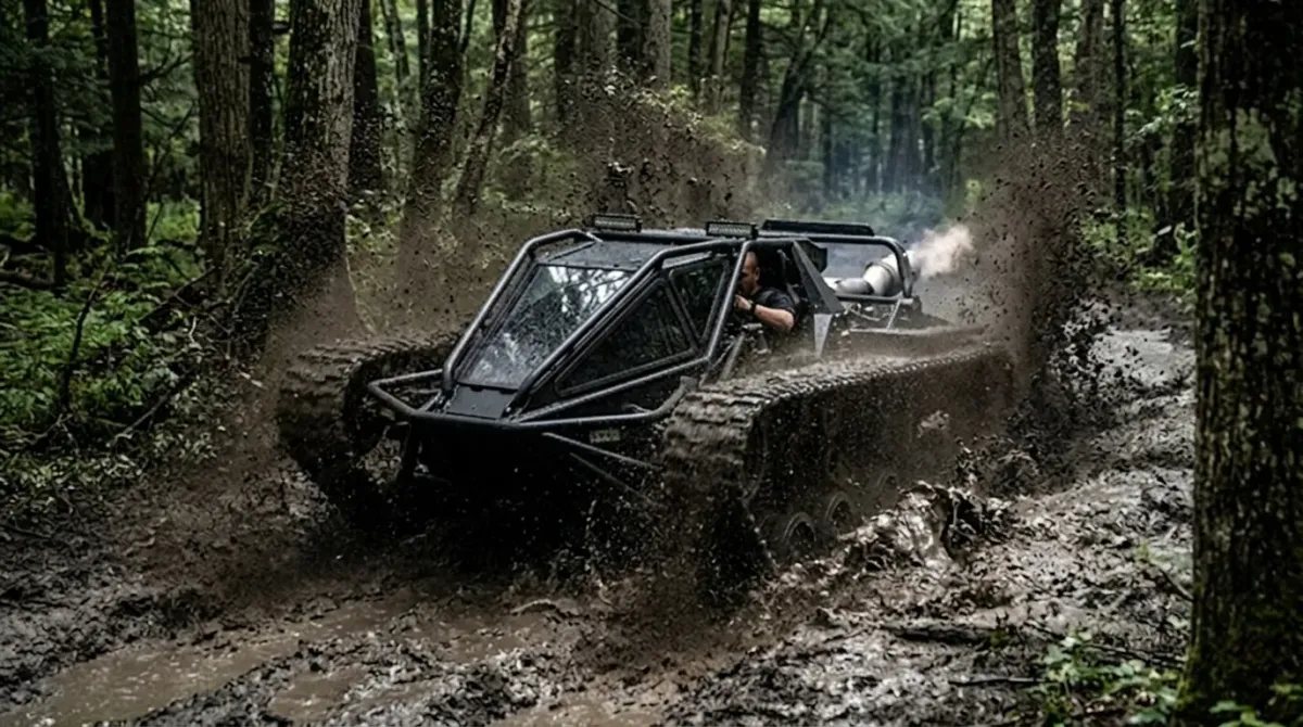 Un Ripsaw EV3-F1 atravesando con fuerza un terreno lleno de barro y agua en mitad de un bosque denso, salpicando lodo y demostrando la capacidad de sus orugas todoterreno.
