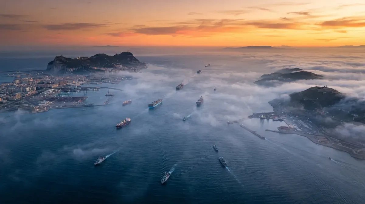 Vista panorámica del Estrecho de Gibraltar simbolizando la geopolítica de las fronteras marítimas.