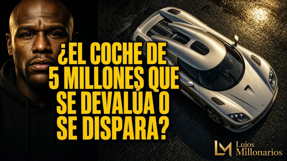 Portada de YouTube de alto impacto para el artículo del Koenigsegg CCXR Trevita de Floyd Mayweather, comparando su rostro con un plano cenital del hypercar y tipografía grande sobre su valor de mercado