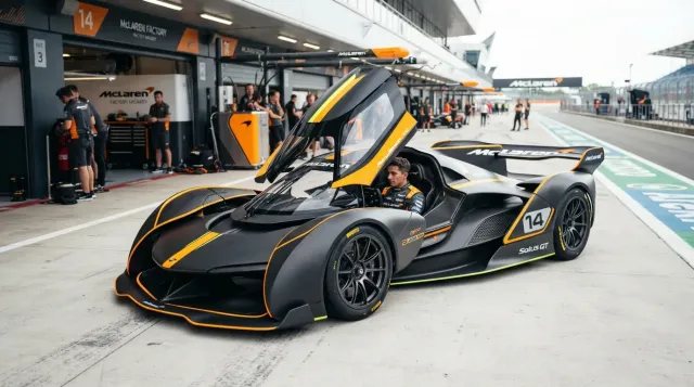 McLaren Solus GT monoplaza con fibra de carbono expuesta y detalles en naranja papaya en el pit lane.