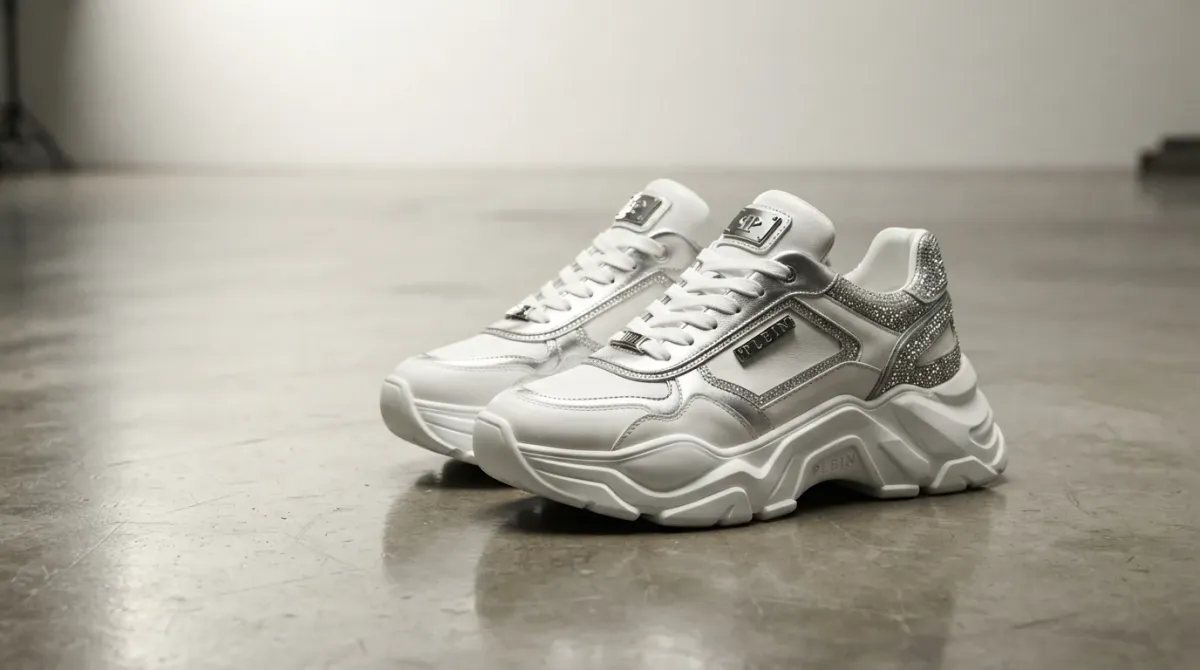 Zapatillas deportivas chunky de lujo de Philipp Plein sobre suelo industrial, destacando su diseño maximalista.