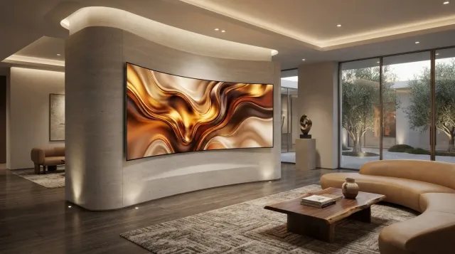 Pantalla OLED flexible y curva montada en una pared de piedra de diseño, mostrando arte digital y funcionando como elemento decorativo.