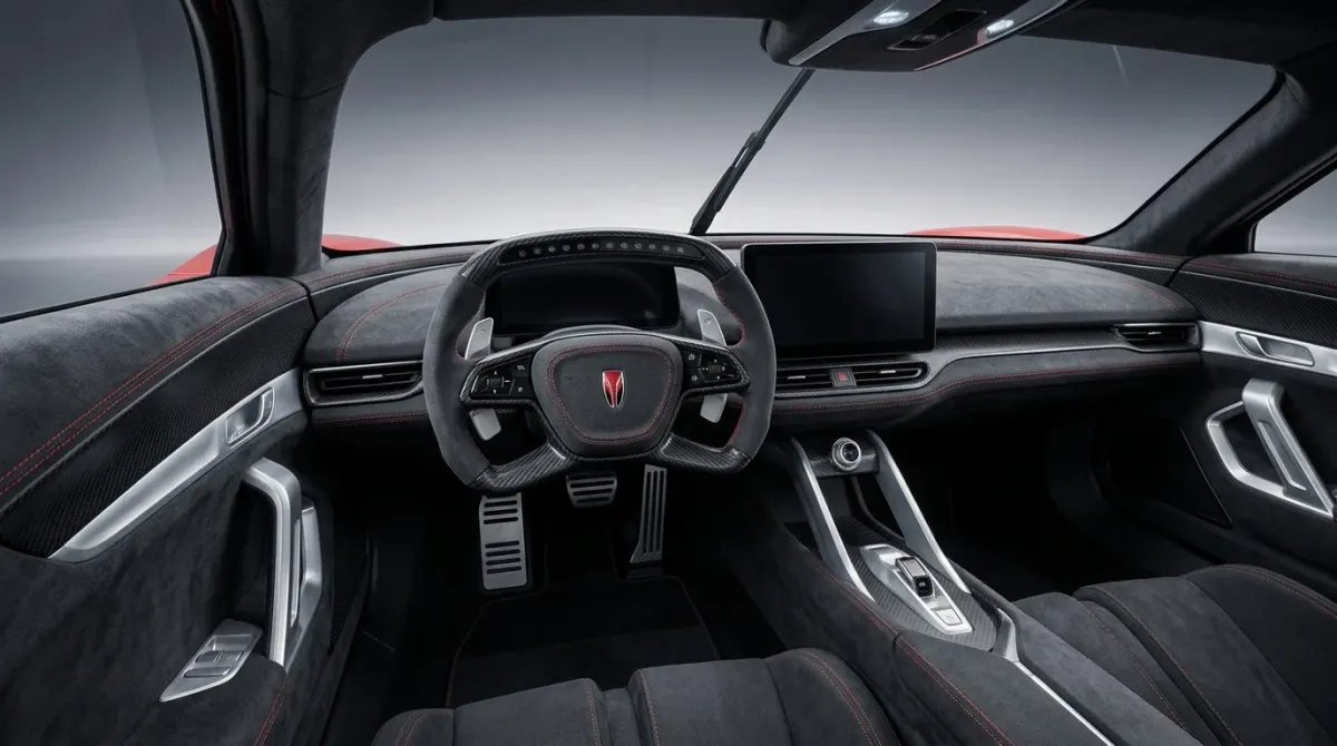 Interior exacto del Hongqi S9 de producción con volante deportivo de carbono, pantalla digital central e iluminación ambiental cian brillante.