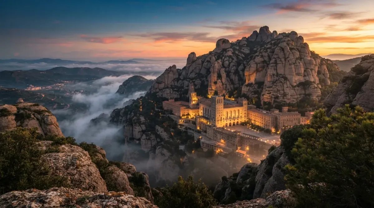Vista del Monasterio de Montserrat encajado en las montañas rocosas al amanecer.