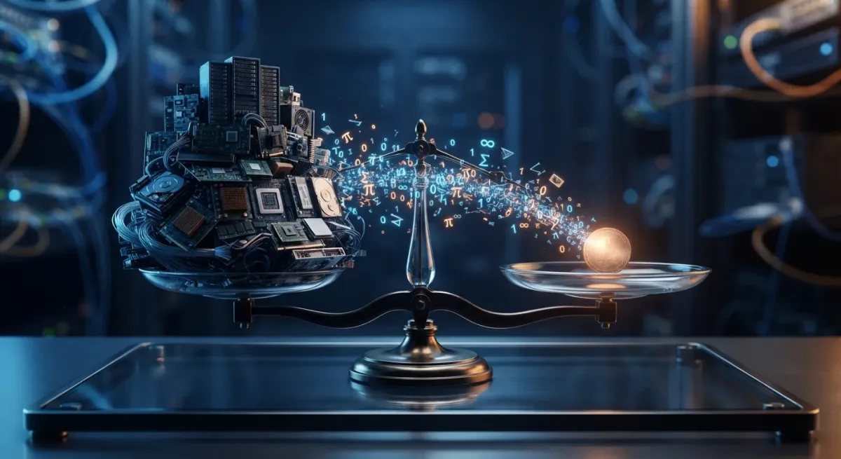 Imagen conceptual que contrasta el abaratamiento del coste por token con la explosión masiva del consumo total de recursos en la inteligencia artificial.