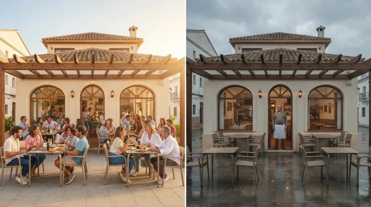Recreación comparativa de una terraza costera ocupada en verano y vacía en invierno.