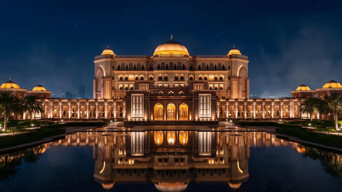 El Emirates Palace de Abu Dabi iluminado majestuosamente durante la noche, mostrando su opulencia arquitectónica.
