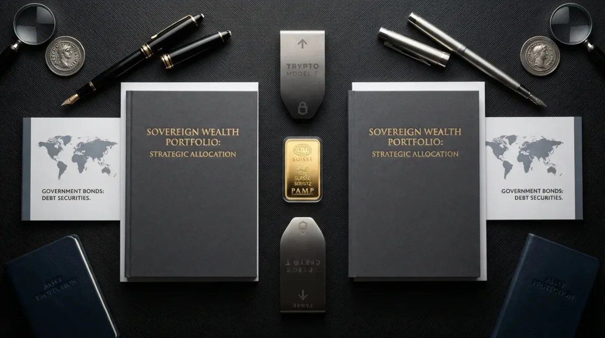 Composición cenital de activos diversificados que incluye oro físico, cripto y bonos para la protección patrimonial.
