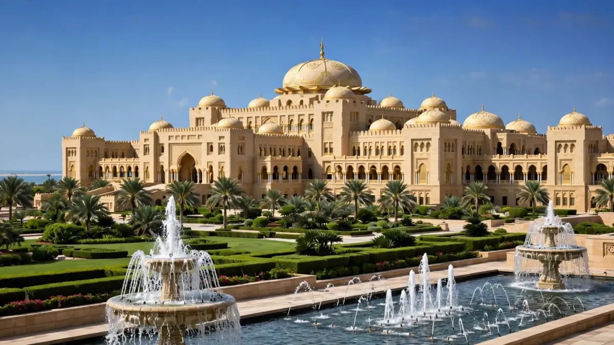 Fachada principal y cúpulas doradas del Emirates Palace en Abu Dabi, reflejo de la arquitectura palaciega de oriente.