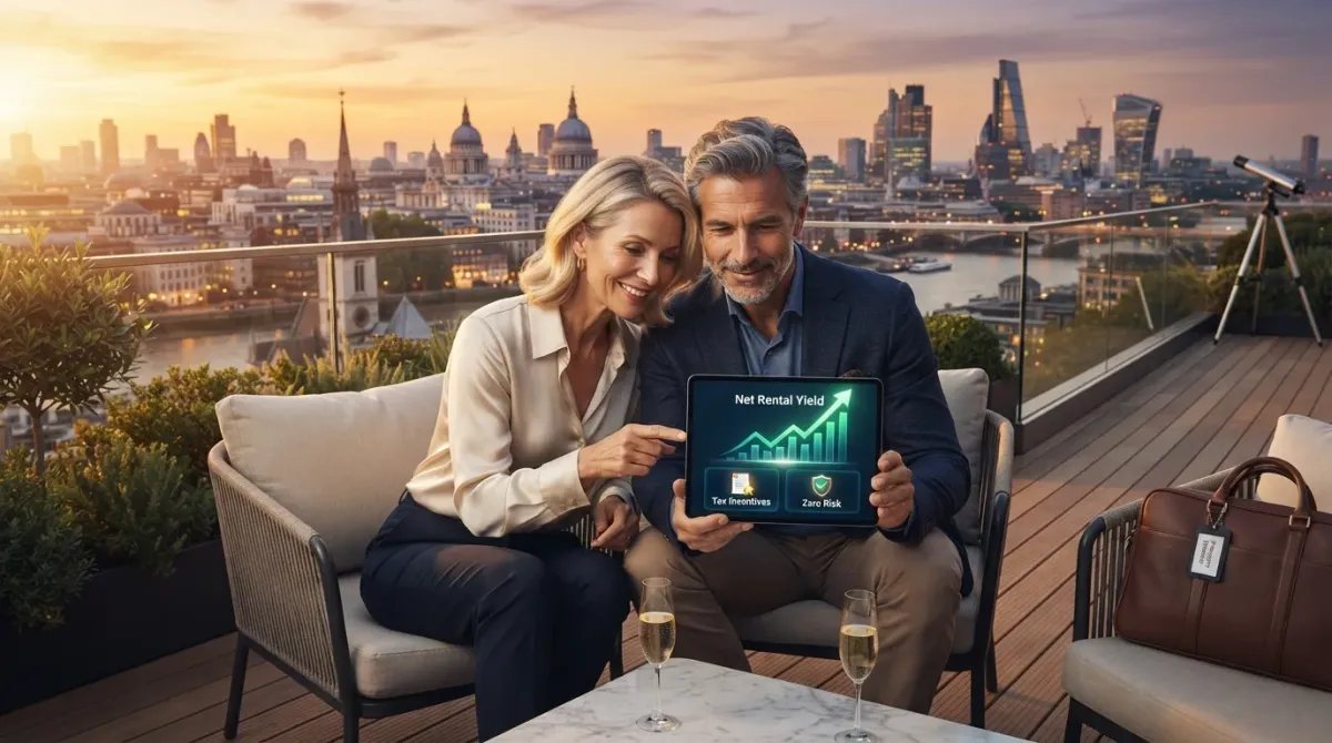 Una pareja de pequeños inversores sonríe en una terraza de lujo al revisar gráficos financieros positivos de rentabilidad del alquiler y baja fiscalidad.
