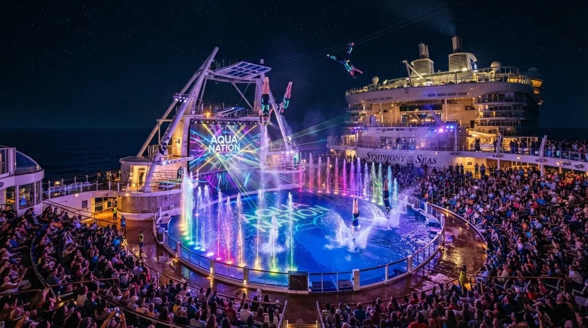 Espectáculo nocturno con acróbatas y fuentes de agua iluminadas en el anfiteatro acuático de un crucero gigante.