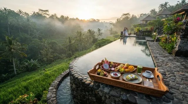 Piscina infinita rodeada de terrazas de arroz y selva tropical en un retiro de lujo en Bali.