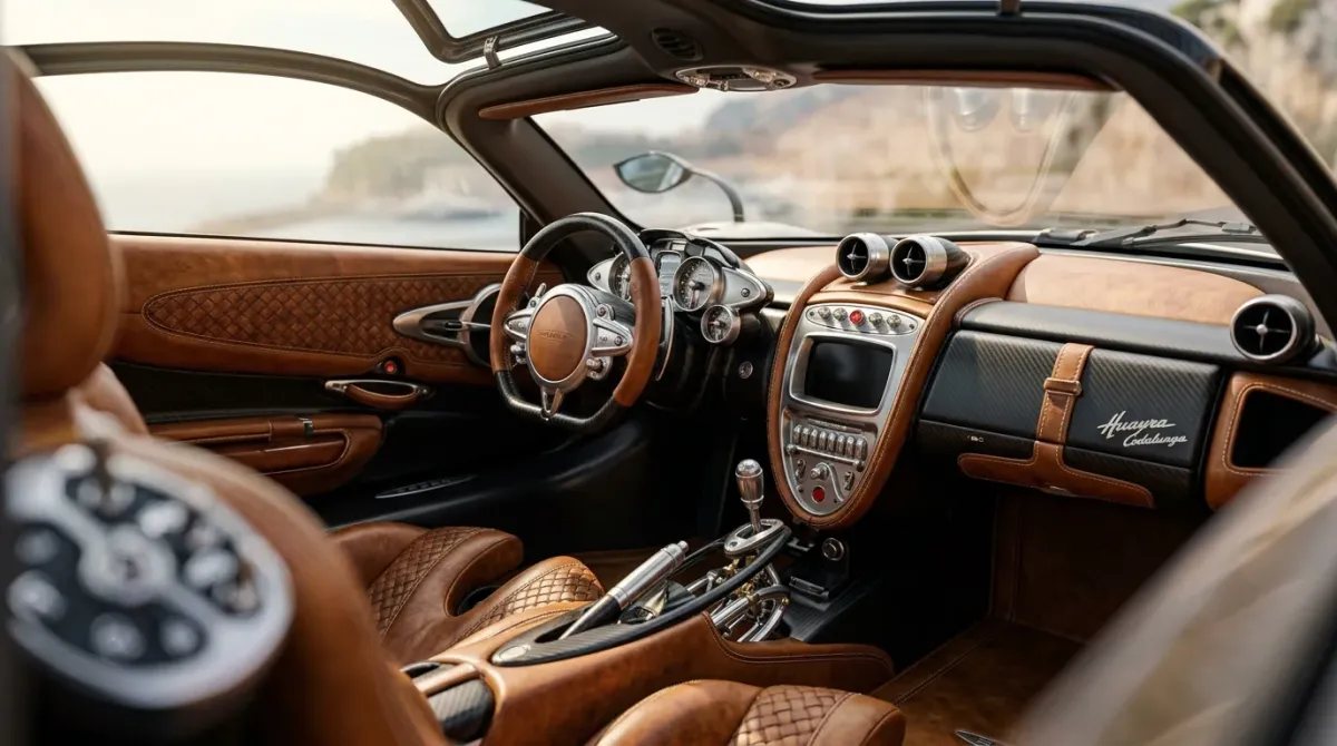 Interior artesanal del Pagani Huayra Codalunga con asientos en piel marrón cosida a mano y consola de aluminio y carbono mate.