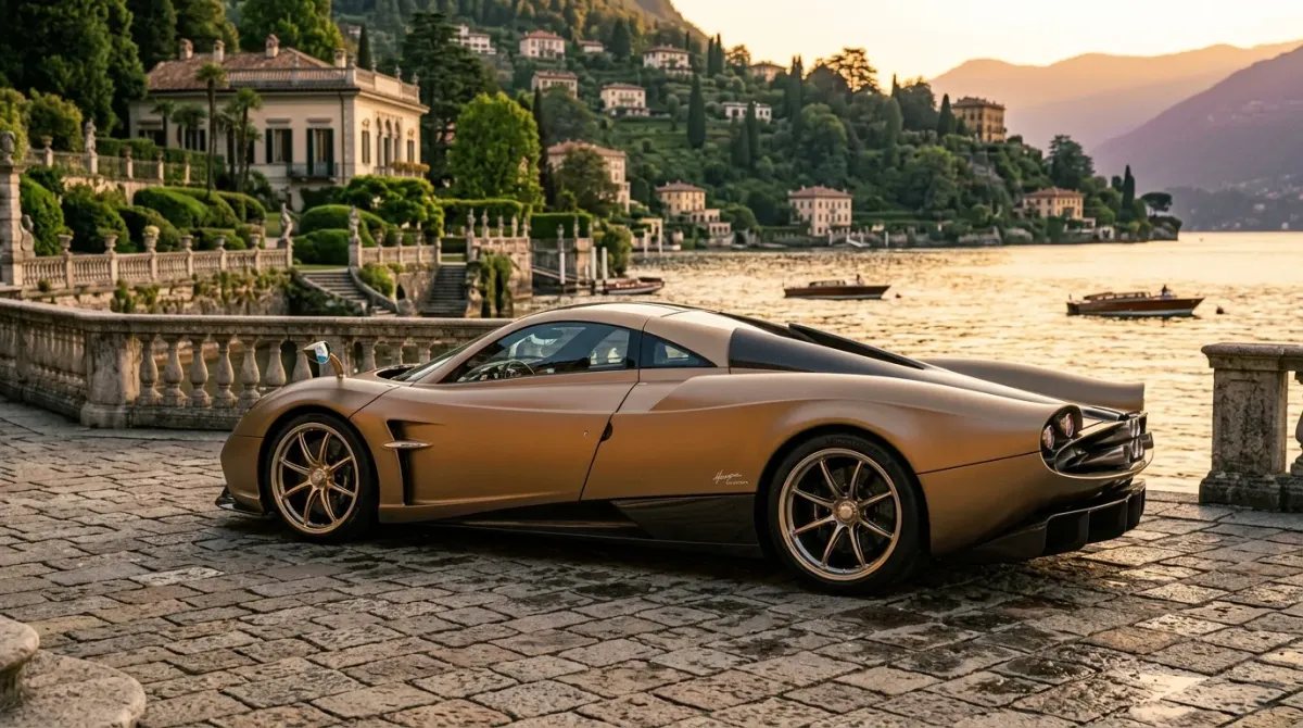 Pagani Huayra Codalunga en color bronce satinado aparcado al atardecer junto al Lago Como en Italia.