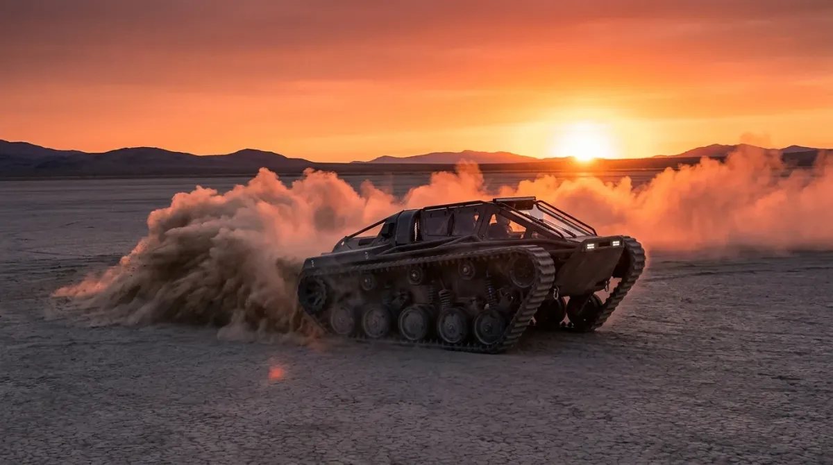 Vista de un Ripsaw EV3-F1 realizando un derrape a alta velocidad en un lago seco al atardecer, levantando una enorme nube de polvo que rodea al vehículo de 1.500 CV.