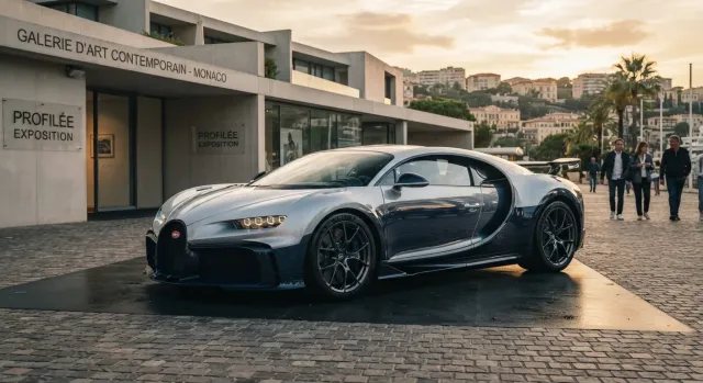 Vista lateral del exclusivo Bugatti Chiron Profilée, destacando su pintura bitono Argent Atlantique y fibra de carbono azulada frente a una galería de arte.