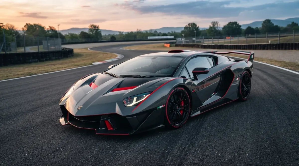 Vista diagonal frontal del exclusivo Lamborghini SC18 Alston en fibra de carbono gris y detalles rojos, mostrando su aerodinámica extrema.