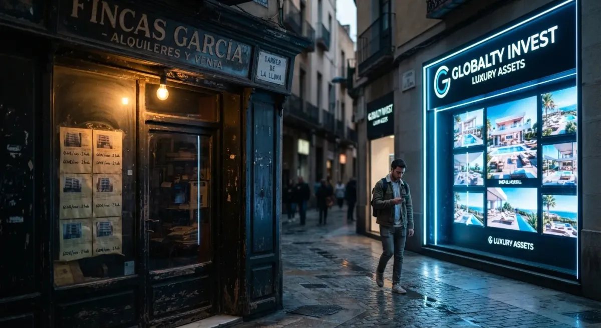 Comparativa visual entre el escaparate oscuro de una inmobiliaria tradicional y la luz brillante de una cadena de inversión global, ilustrando la polarización del mercado.