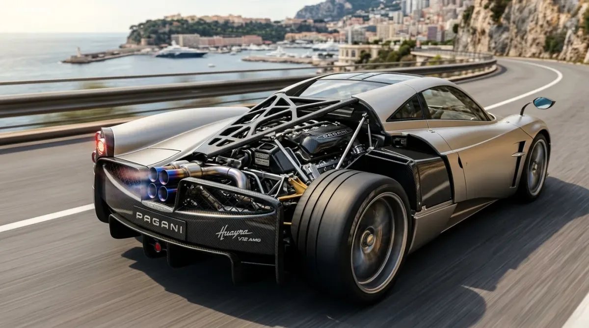 Vista trasera del Pagani Huayra Codalunga en plata champán mostrando sus cuatro tubos de escape de titanio y difusor de carbono.