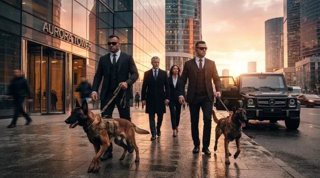 Dos escoltas privados con trajes a medida y perros de élite protegen a un ejecutivo al salir de un edificio corporativo hacia un SUV blindado al atardecer.