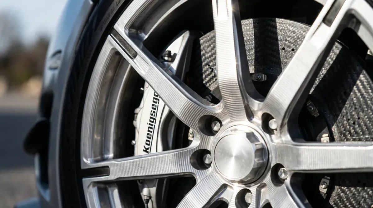 Primer plano hiperrealista de la llanta de aleación forjada y el sistema de frenos cerámicos de carbono del Koenigsegg CCXR Trevita, resaltando las texturas.