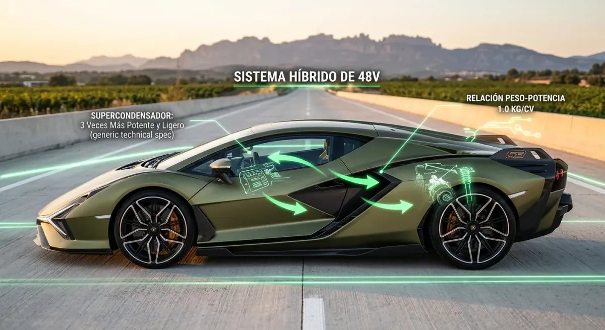 Vista lateral del Lamborghini Sián verde, con gráficos técnicos explicando su sistema híbrido de 48V y supercondensador.