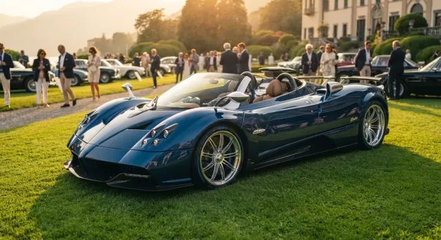 El exclusivo Pagani Zonda HP Barchetta azul expuesto en un concurso de elegancia durante la hora dorada.