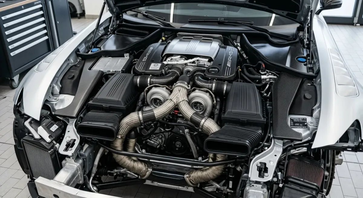 Vano motor del Mercedes-AMG GT Black Series con su V8 biturbo de 4,0 litros y el capó abierto.