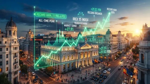 Gráfico bursátil alcista del IBEX 35 reflejando máximos históricos y bonanza de las grandes corporaciones.